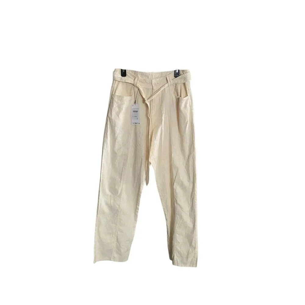 Zara NWT women’s linen blend relaxed fit belted pants size 30